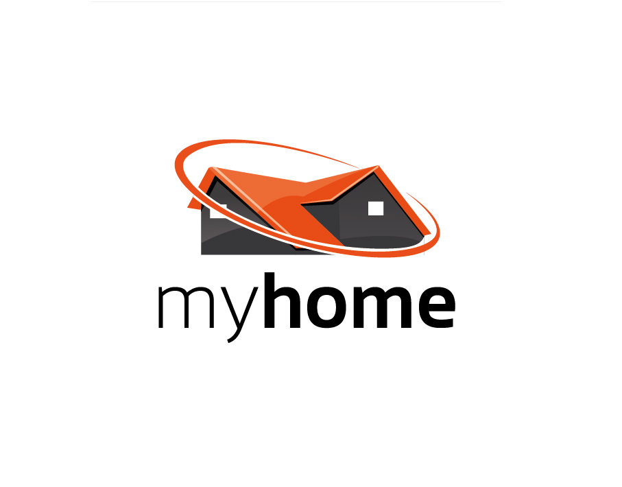 MyHome Logo – Abstract House in Grey and Orange with Stylised Black Text